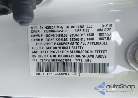 2019 Honda Cr-V Ex-L z USA, uszkodzony, nr VIN 7FARW1H81KE007649